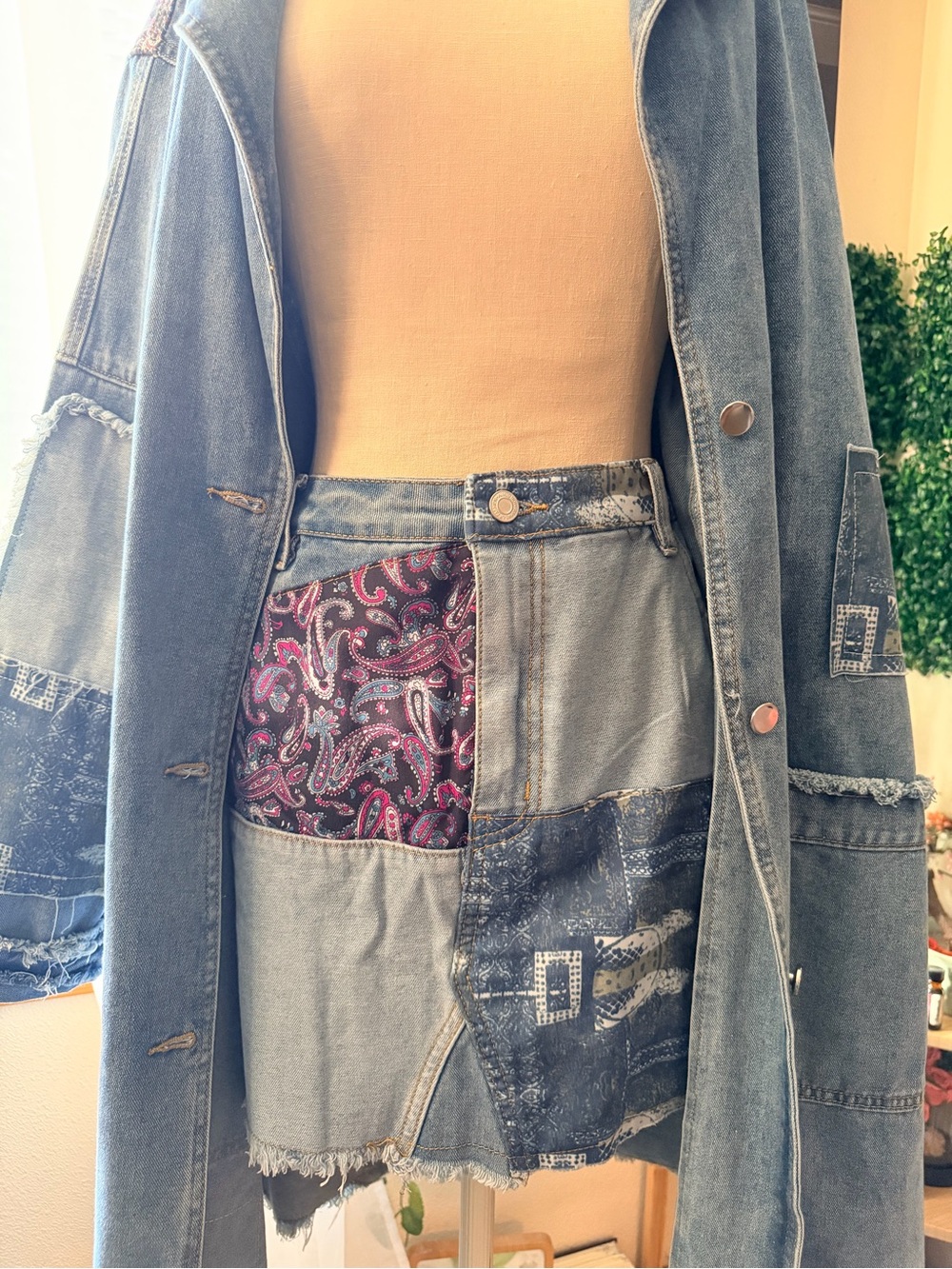Fashion Nova Blue Patchwork Denim Jean Jacket with Paisley Accent